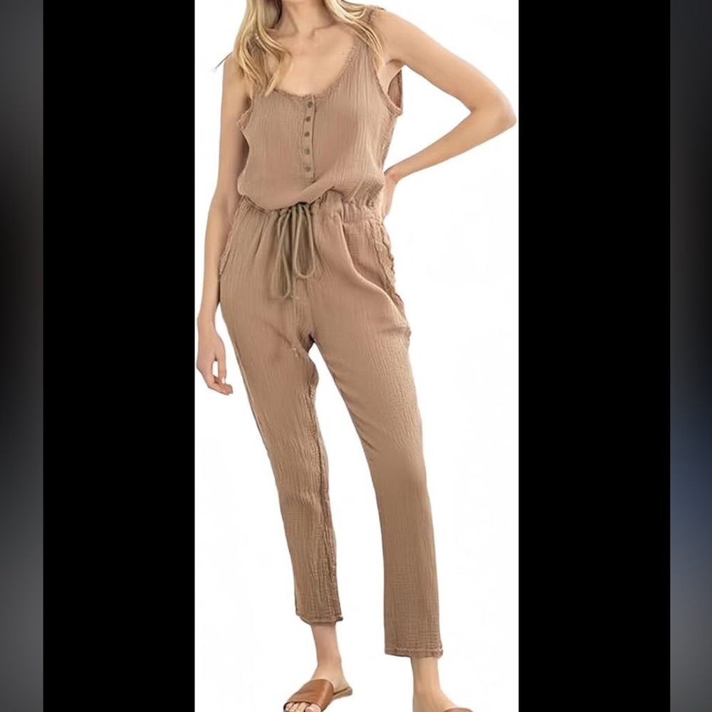 Maye Pocketed Drawstring Jumpsuit-Camel Purchased at VICI-size M